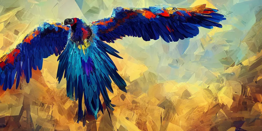 Prompt: dynamic, wideangle pov, conceptart, expressive, vibrant, blue iridiescent giant vulture with spread wings, ferocious, imposing, spectacular, cubism, polygonal, fractured