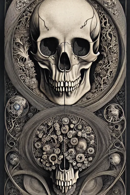 Image similar to art forms of nature by ernst haeckel, memento mori by arthur rackham, ornate antique porcelain beautiful skull mask, ultrasharp, photorealistic, hyperdetailed, octane render, polished, art nouveau, neo - gothic, gothic, intricate ornamental organic filigree, art nouveau botanicals, art forms of nature by ernst haeckel, horizontal symmetry, symbolist, visionary