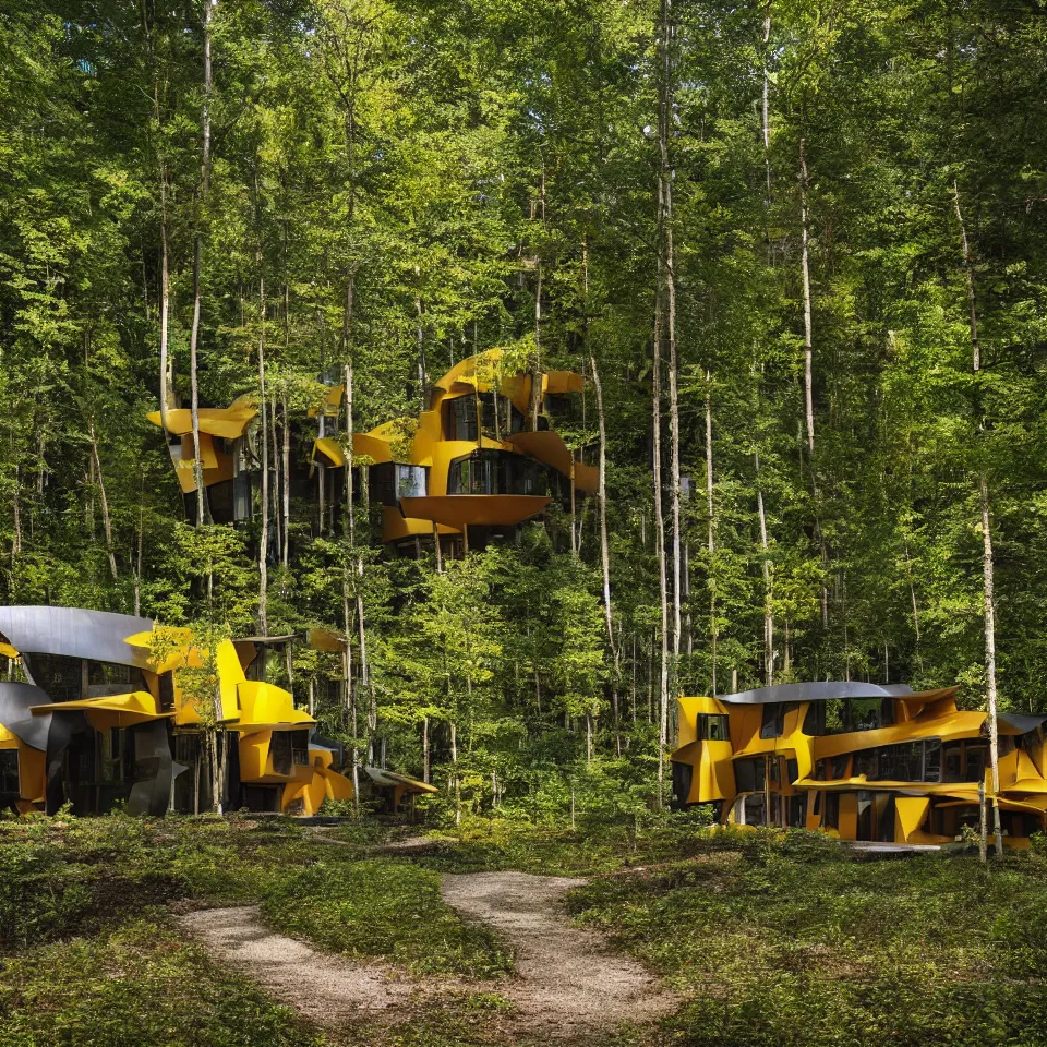 Image similar to a house in a taiga forest clearing from afar, designed by Frank Gehry. Tiles. Gravel pathway with parking. Film grain, cinematic, yellow hue