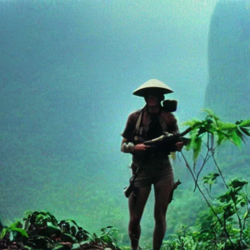 Prompt: film still, far view, emma watson soldier hiking through dense vietnam jungle, dense cloud fog, film still from apocalypse now ( 1 9 7 9 ), 2 6 mm, kodak ektachrome, blue tint expired film,