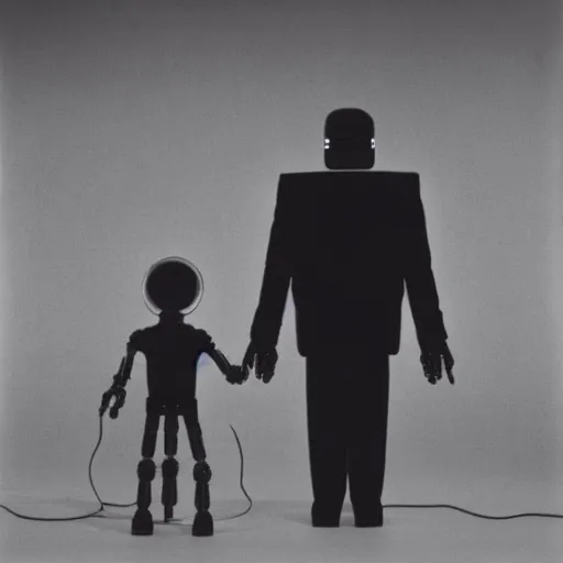 Prompt: Human and robot holding hands, by David Lynch,