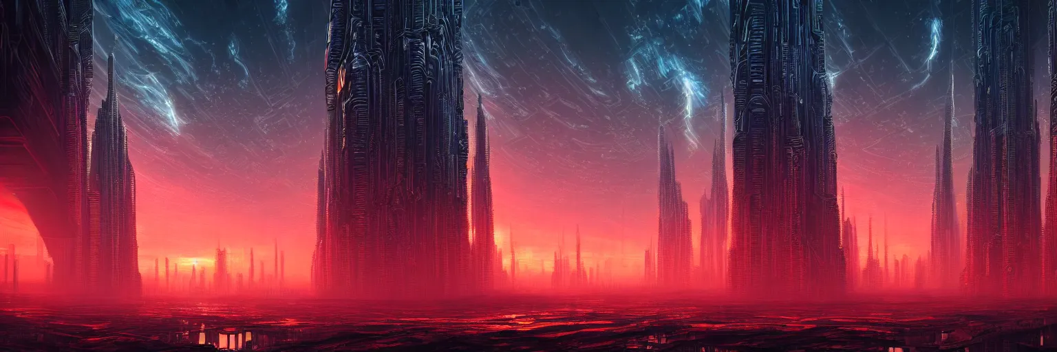 Prompt: ultra realist intricate detailed landscape painting of an alien world with mirrored skyscrapers and neon lights, red sky electrical storm, dystopian, symmetry accurate features, very intricate details, bokeh focus, 8 k render, artstyle andree wallin, award winning