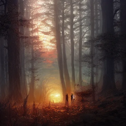 Image similar to view from window of beautiful forest with a sunset, high detail, dramatic light, digital art, dark, painted by seb mckinnon and greg rutkowski, trending on artstation