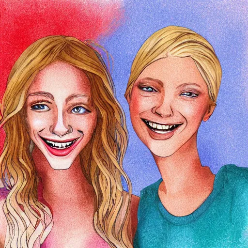 Prompt: two young beautiful blond women, smiling and hugging each other, digital art, illustration