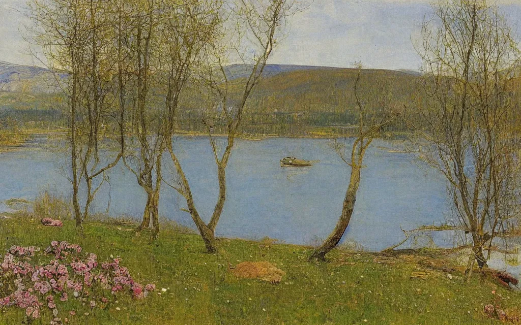 Image similar to a painting of large lake in norway, spring, oil on canvas, by carl larsson