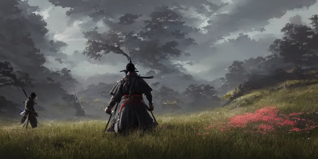 Image similar to an environmental concept art of ghost of tsushima, samurai duel, sakura petals blowing in the wind, highly detailed, environmental light, cinematic by francis tneh