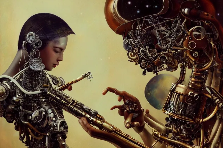 Image similar to a beautiful ultradetailed vintage photo of cyborg playing an oboe, by tom bagshaw and anna dittman, portrait, vignette, 3 5 mm lens, golden ratio composition, detailed face, studio photography, very detailed, humanoid, industrial robot, artstation, 8 k, highly coherent