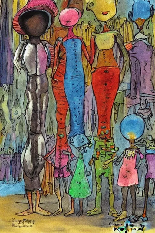 Image similar to cute aliens shopping for clothes by jerry pinkney