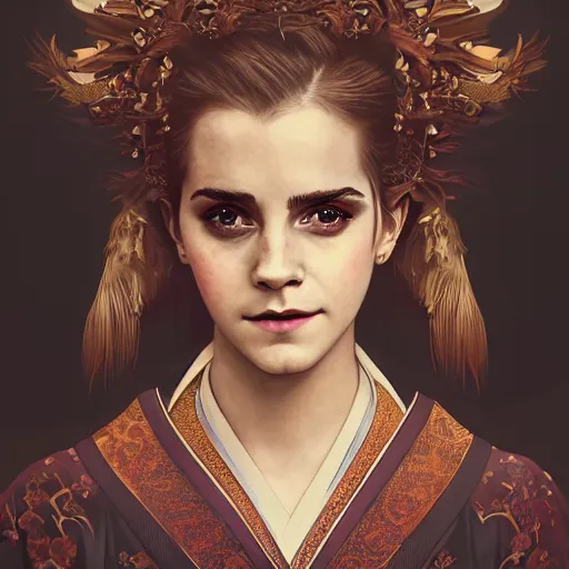 Prompt: a photorealistic dramatic fantasy render of a beautiful woman emma watson wearing a beautiful intricately detailed japanese monkey kitsune mask and clasical japanese kimono by wlop, artgerm, greg rutkowski, alphonse mucha, epic, beautiful dynamic dramatic dark moody lighting, shadows, cinematic atmosphere, artstation, concept design art, octane render, 8 k