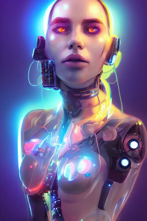 Image similar to portrait of a trippy cyborg girl with biotechnical parts and neon light by Artgerm, digital painting, highly detailed, trending on artstation