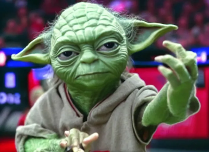 Image similar to ESPN still of Yoda playing in the nba playoffs live on espn, 4k