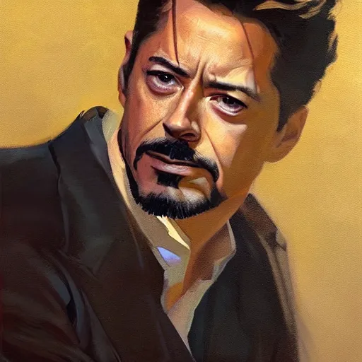 Image similar to greg manchess portrait painting of tony stark in a golden frame, medium shot, asymmetrical, profile picture, organic painting, sunny day, matte painting, bold shapes, hard edges, street art, trending on artstation, by huang guangjian and gil elvgren and sachin teng