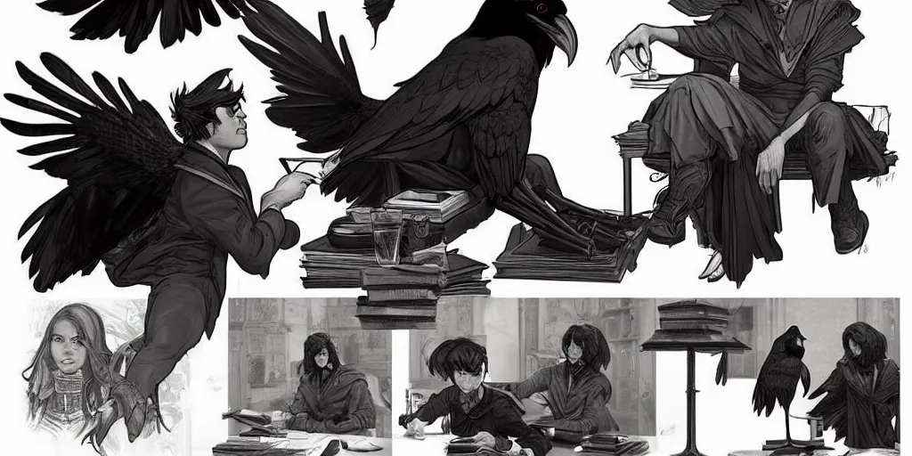 Prompt: a raven scholar writing at his desk. character sheet, character design, contrast, deep focus, turnaround, highly detailed, dramatic lighting, digital painting, artstation, concept art, matte, sharp focus, illustration, elegant, art by artgerm and greg f and alphonse mucha.