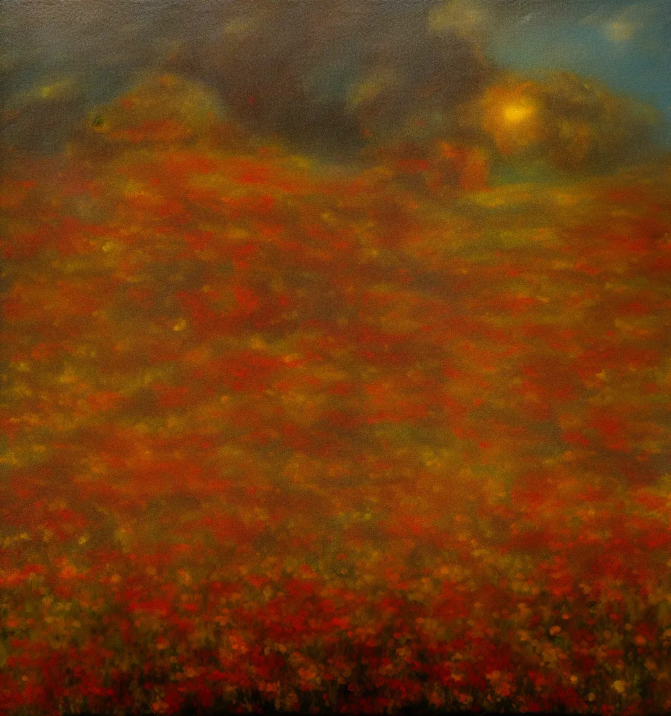 Image similar to an oil painting in the style of DaVinci of a flower field