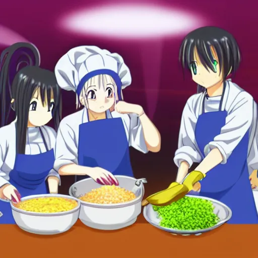 Prompt: 5 anime sisters cooking rice in Daly City creating hot fog