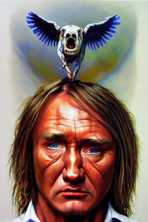 Prompt: hyper realistic painting of braco the gazer staring, by chuck close, simon bisley and richard corben, very intense, hyperdetailed, vivid colours, sharp focus, dramatic lighting, white shirt