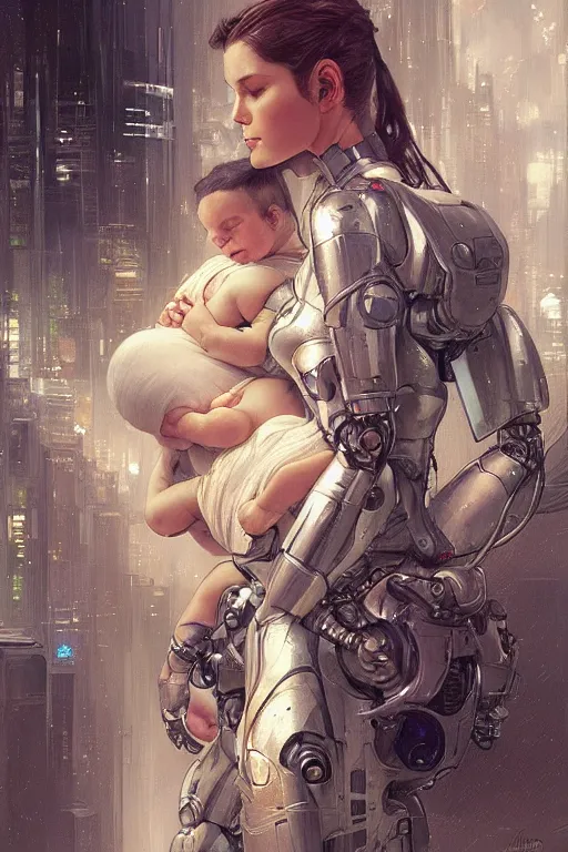 Image similar to Ultra realistic illustration, robot woman carrying a sleeping baby, cyberpunk, sci-fi, fantasy, intricate, elegant, highly detailed, digital painting, artstation, concept art, smooth, sharp focus, illustration, art by artgerm and greg rutkowski and alphonse mucha