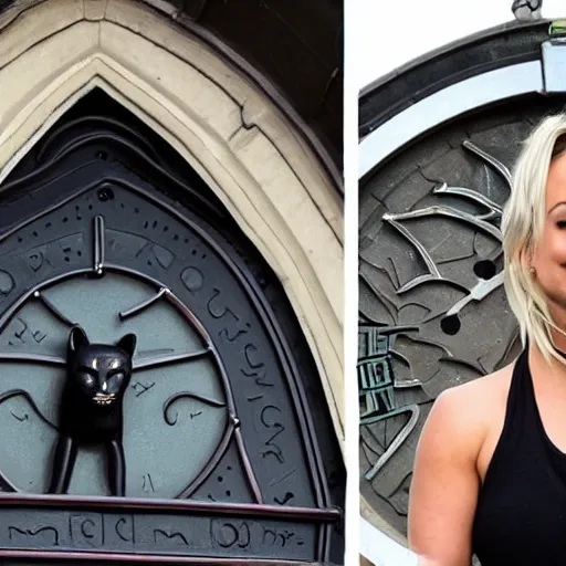 Image similar to A detailed photo of Kaley Cuoco under the Eastgate clock in Chester. Behind her we see a black panther