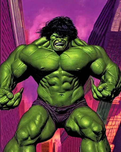 Image similar to a low angle perspective of the incredible hulk on a rampage in new york city by joe jusko. dramatic lighting. action and destruction.