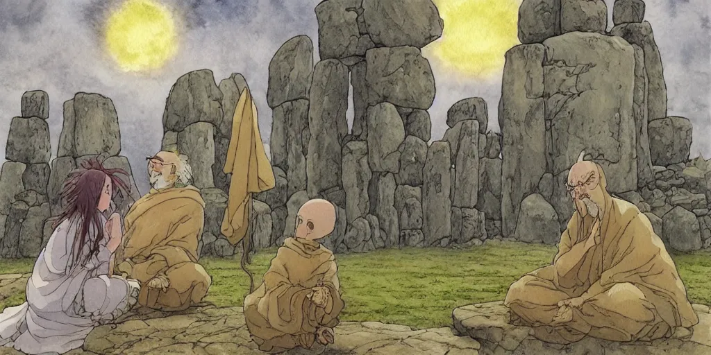 Prompt: a hyperrealist studio ghibli watercolor fantasy concept art of a giant medieval monk in lotus position and a small grey alien in stonehenge with a starry sky in the background. a giant gold ufo is floating in the air. by rebecca guay, michael kaluta, charles vess