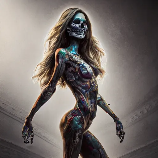 Image similar to full body pose, hyperrealistic mixed media painting of beautiful skull woman, dim volumetric lighting, 8 k, octane beautifully detailed render, extremely hyper detailed, intricate, epic composition, cinematic lighting, masterpiece, trending on artstation, very very detailed, masterpiece, stunning, hdr, smooth, sharp focus, high resolution, award, winning photo, dslr, 5 0 mm