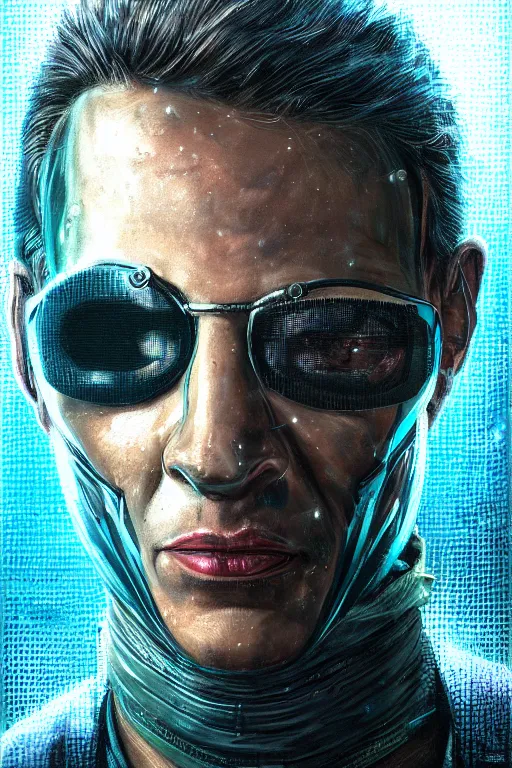 Image similar to detailed portrait of a cyberpunk male with face augmentations, strong neon lighting, raining, mysterious, mirror shades, by glenn fabry, hyper realistic, HD, oil on canvas