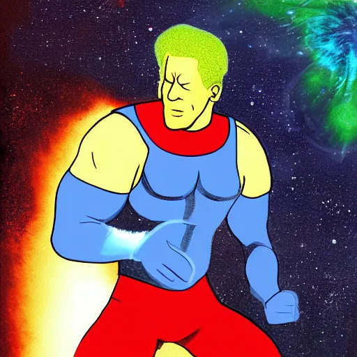 Prompt: UHD photorealistic Cosmic Captain Planet fighting Al Gore in the style of tonalism