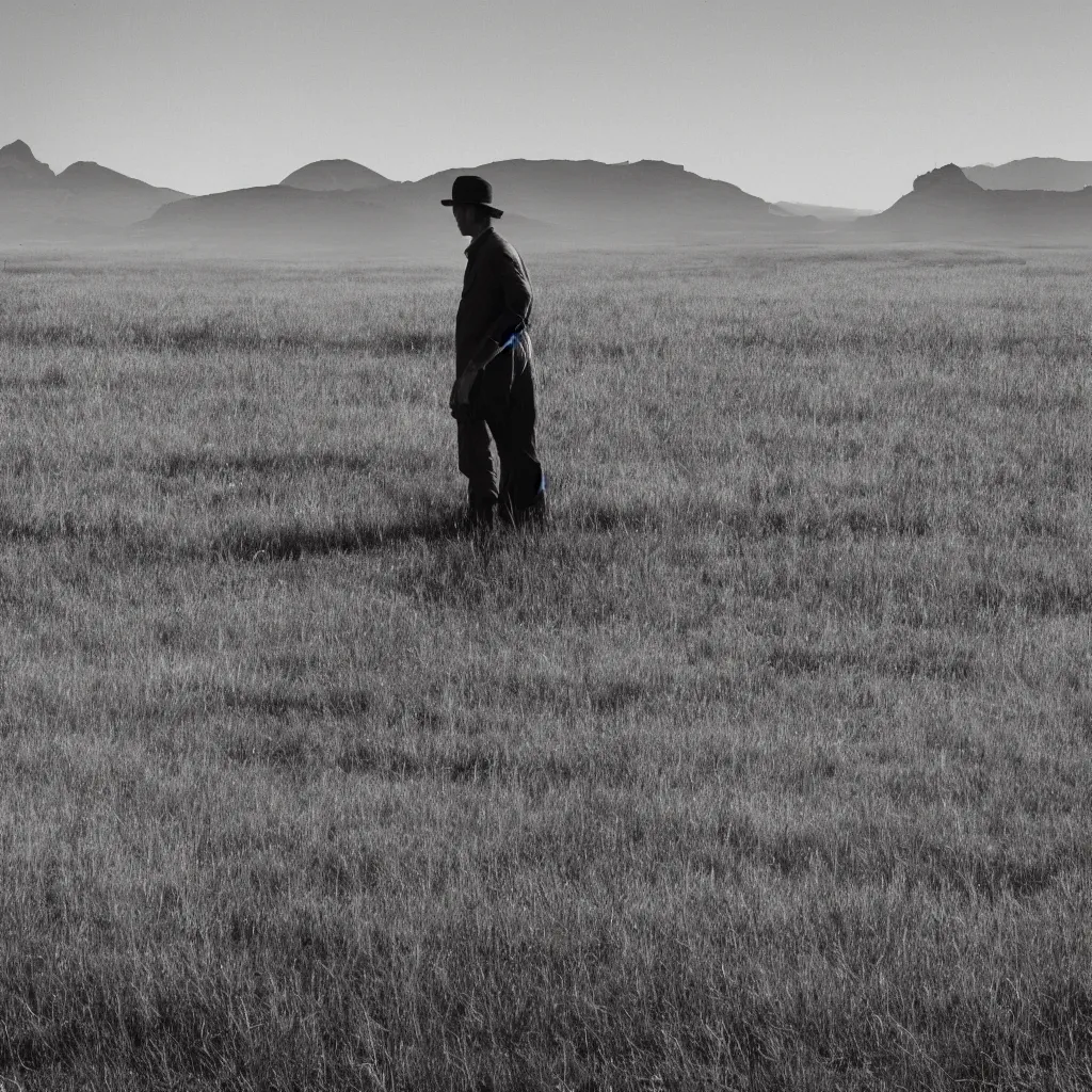 Prompt: a lone man searches for meaning in grass, movie still from days of heaven, ultra realistic, beautiful lighting, distant mountains