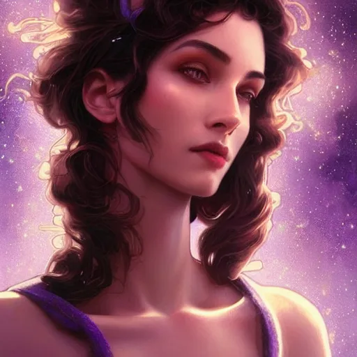 Image similar to Portrait of very very very very very very beautiful non-white woman, spacesuit, purple eyes, intricate, elegant, highly detailed, digital painting, artstation, concept art, smooth, sharp focus, illustration, art by artgerm and greg rutkowski and alphonse mucha