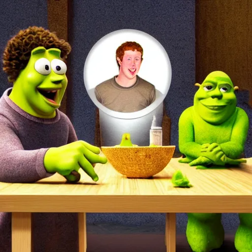 Image similar to mark zuckerberg, 3d spongebob and shrek in the last supper