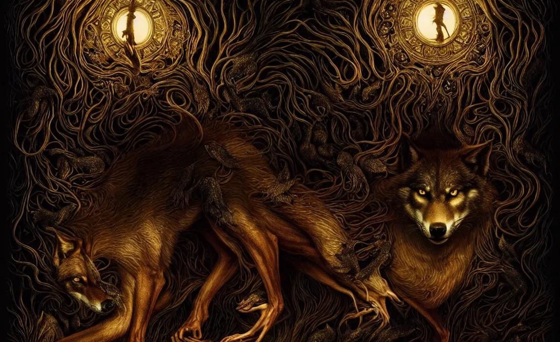 Image similar to epic professional digital art of hungry like the wolf, eerie dim gold lighting, painted, intricate, detailed, detailed, foreboding, by leesha hannigan, wayne haag, reyna rochin, ignacio fernandez rios, mark ryden, iris van herpen, hdr, epic, stunning, gorgeous, much wow, cinematic, masterpiece