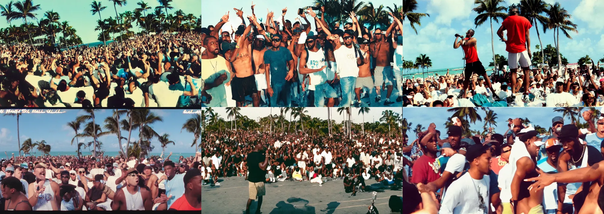 Prompt: full color still, hollywood rap battle war film, miami coastline, kodacolor