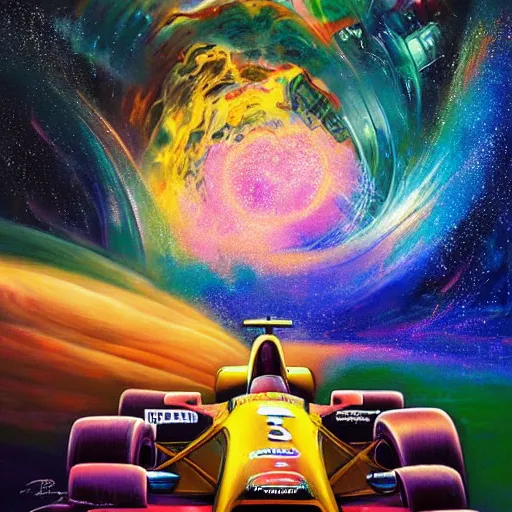 Image similar to a painting of a formula 1 car in a cosmic scenic environment by Android Jones, trending on Artstation, nebula, stars, planets, hyperdetailed