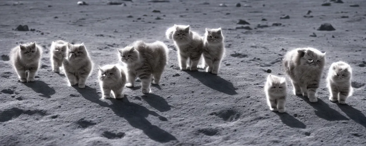 Image similar to group of fluffy baby cats in a space suit walking on the moon, cute photo, 8k UHD, national geographic
