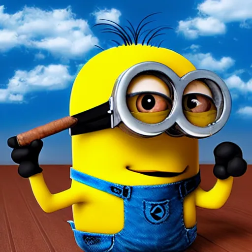 Prompt: brutal minion with cigar in mouth, holding shotgun