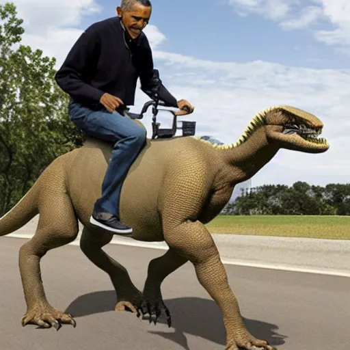 Prompt: barack obama riding a dinosaur