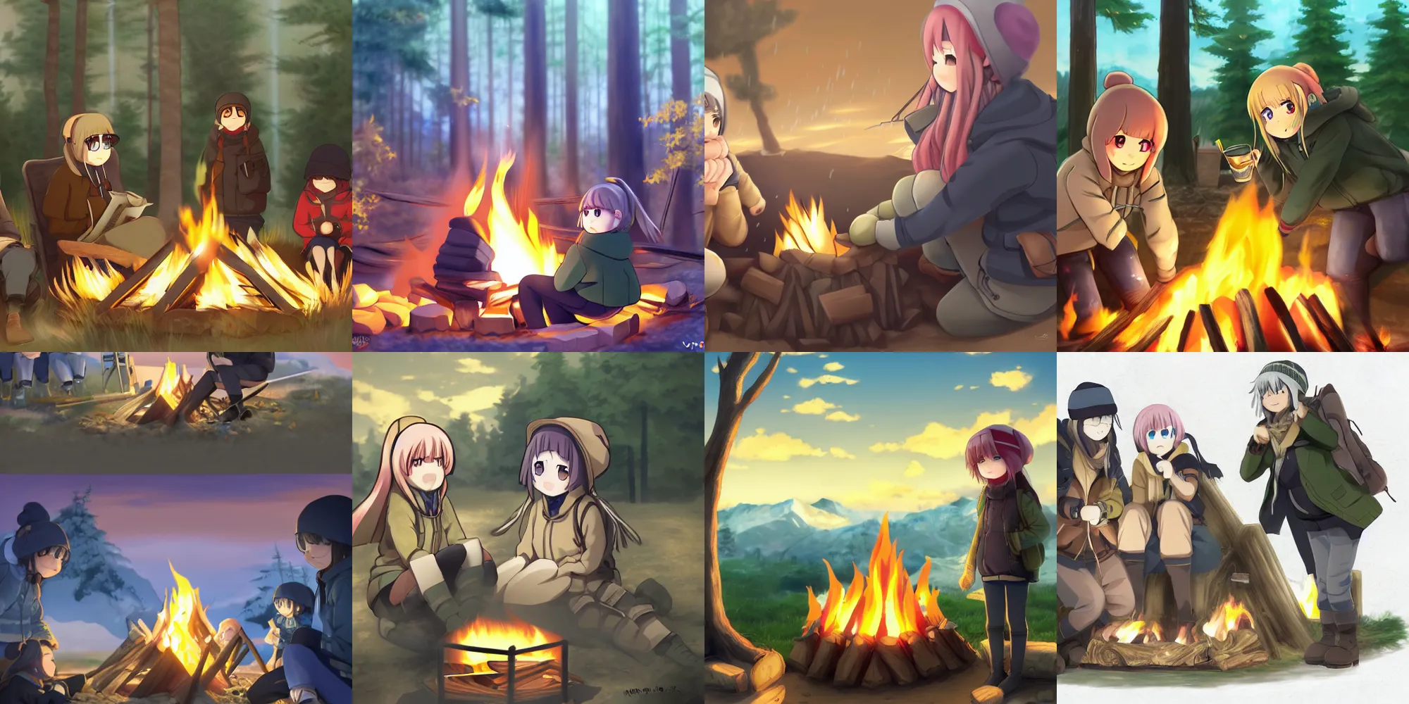 Prompt: yuru camp anime campfire trending on artstation pixiv