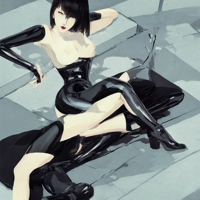 Image similar to lounging japanese girl, full body, high fashion, latex, urban, sharp, flowing, slick, highly detailed, concept art, digital art, smooth, sharp focus, hd, art by greg rutkowski and syd mead and annie leibovitz