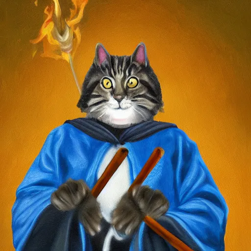 Prompt: An oil painting portrait of a cat wizard wearing blue robes, holding a staff casting a fire spell, digital art