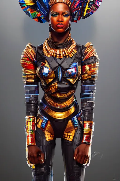 Image similar to full body portrait of the African Android Queen, by DC comics and Sandra Chevrier and beeple, artstation, volumetric lighting, hyperrealism, award winning costume design, fine textures, electric weave, 4k UHD, 50mm