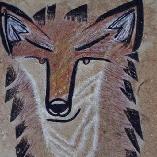 Prompt: neolithic cave painting of a half-fox warrior. strong and powerful anthropomorphic fox. gorgeous eyes. cave scratches in cave wall. art by homo erectus. earthen colors