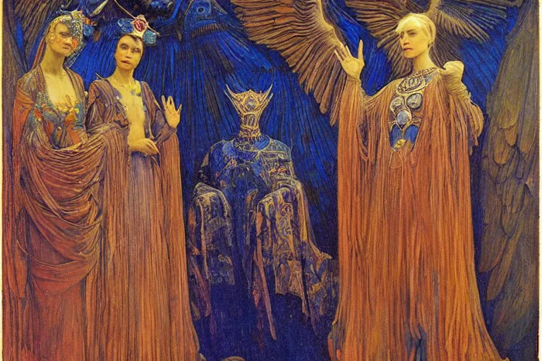 Prompt: coronation of the raven, by Annie Swynnerton and jean delville and Nicholas Roerich, bioluminescent skin!, elaborate costume, geometric ornament, symbolist, rich colors, dramatic lighting, smooth, sharp focus, extremely detailed