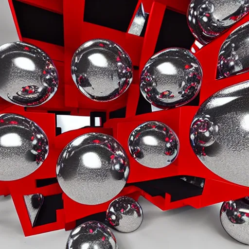 Prompt: chrome spheres on a red cube by max magnus norman