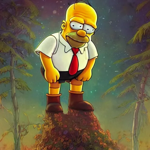 Image similar to ultra realistic illustration of magical real life cartoon character homer simpson, forest, fantasy, colorful lights, intricate, elegant, highly detailed, digital painting, artstation, concept art, smooth, sharp focus, illustration, art by artgerm and greg rutkowski and alphonse mucha homer!!! simpson!!!