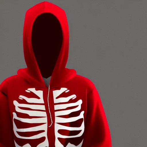 Image similar to a skeleton in a red hoodie with a rifle ultrarealism