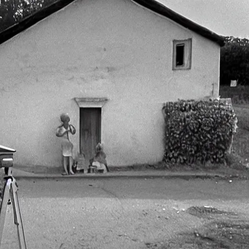 Prompt: scarry old granny filmed om security camera, village 1976, bw, high detailed, horror