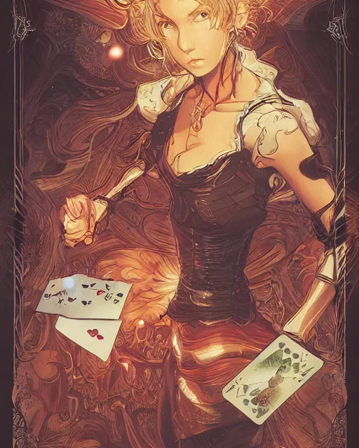 Image similar to a girl shuffling cards, midshot single subject, art poster, ambient lighting, detailed, by ayami kojima, makoto shinkai, kilian eng