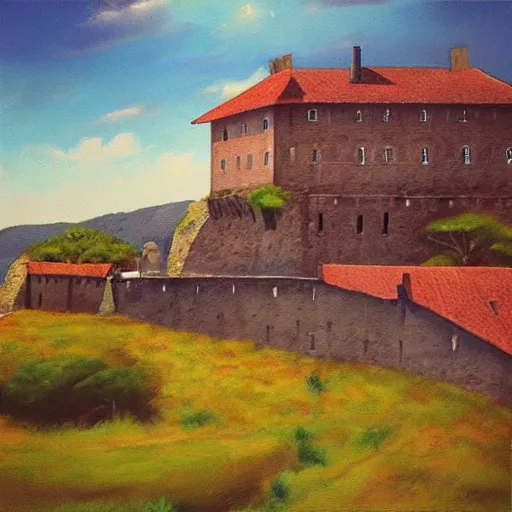 Prompt: “a realistic panting of a old fort”