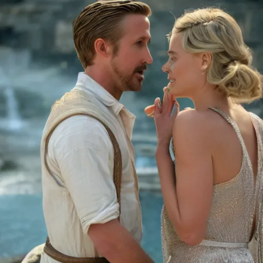 Image similar to still of ryan gosling and margot robbie, in ancient greece