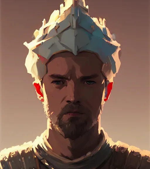 Image similar to portrait of a king ( game of thrones ) hard look, armor by atey ghailan, by greg rutkowski, by greg tocchini, by james gilleard, by joe fenton, by kaethe butcher, dynamic lighting, gradient light blue, brown, blonde cream and white color scheme, grunge aesthetic